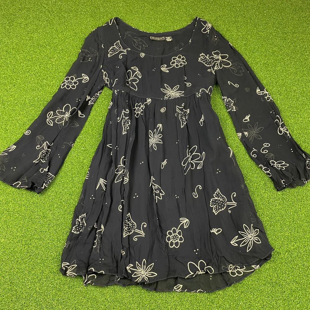 Vintage Nostalgia Black Boho Long Sleeve Chiffon Mini Dress Sz L